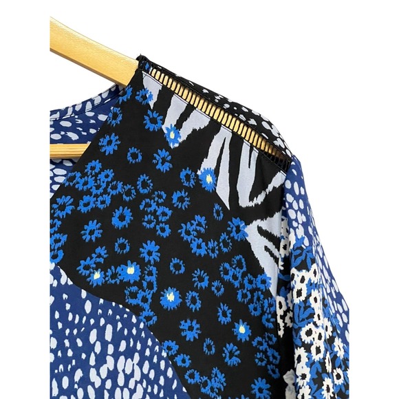 Investments Blouse Womens XL Blue Mixed Floral Zebra Button Front‎ Tie Sleeve - Picture 6 of 14
